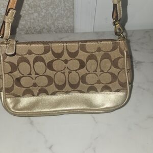 Coach Tan and Gold Signature Shoulder Bag